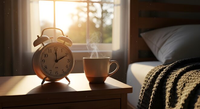 A serene morning scene with an alarm clock and a steaming cup of coffee on a bedside table