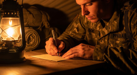 Obraz premium Soldier Writing a Letter by Lamplight