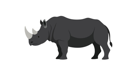 Fototapeta premium A solitary, gray rhinoceros stands on a pure white background, its powerful silhouette captured in this clean, minimalist illustration. The animal's