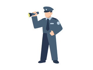 Obraz premium Cartoon police officer with flashlight standing on white background in uniform
