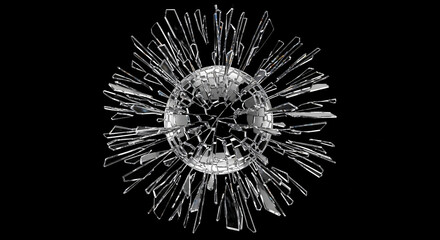 Fototapeta premium Shattered glass sphere exploding on black background, flying sharp fragments depicting destruction and challenge