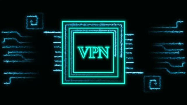 Cyan Neon VPN Symbol with Electric Circuit Board Design on animated Black Background virtual private network, VPN text logo with neon cyan double line and cyan square border animation.