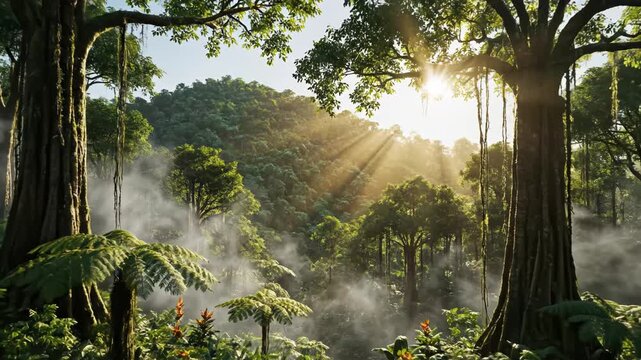 Sunlight filtering through dense jungle foliage