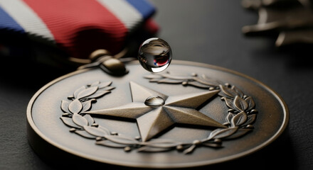 Naklejka premium A Tear Falls on a War Medal, Symbolizing Sacrifice