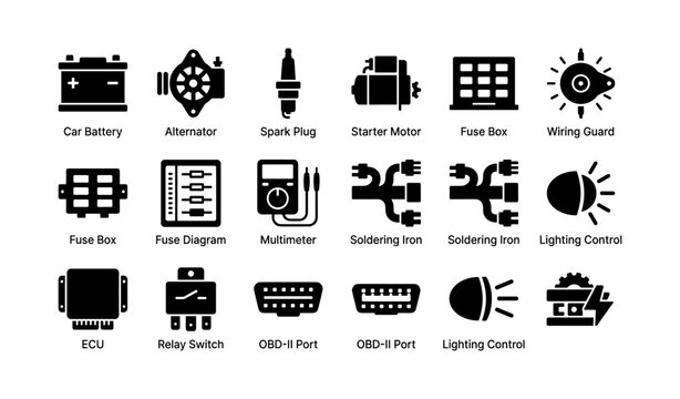 Automotive components icons: car battery, alternator, spark plug, fuse box, obd-ii port