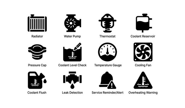 Car cooling system icons: radiator, thermostat, cooling fan, coolant reservoir - maintenance and warnings