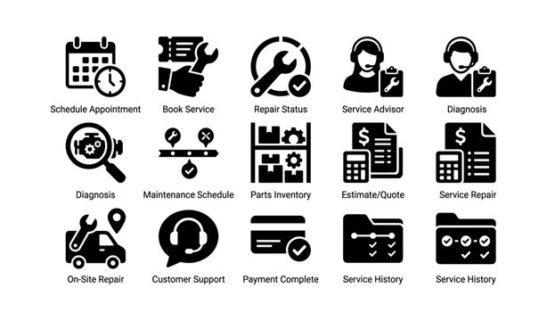 Automotive service icons set: schedule, repair, diagnosis, maintenance, support