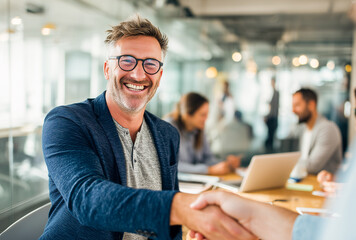 Fototapeta premium Smiling Businessman in Blue Blazer Shaking Hands with a Colleague at a Long Table in a Well Lit Corporate Office