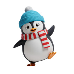 Obraz premium a highly stylized 3d cartoon penguin mascot wearing a blue knit beanie and striped scarf, happily dancing in an energetic pose on a minimalist white background. concept for winter holidays and