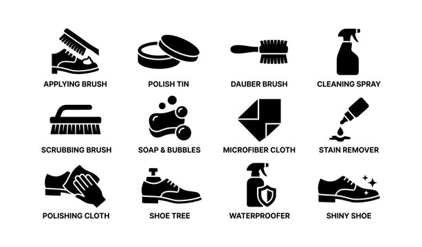 Shoe care essentials icons: brushes, polish, cleaning, cloths, shoe tree, waterproofing