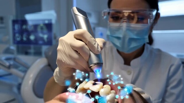 Futuristic dental procedure, dentist advanced laser handpiece molar tooth decayed areas dissolving glowing nanoparticles holographic molecular structures floating around clean high-tech clinic medical