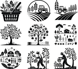 Collection of black and white farm and harvest tractor basket fruit tree