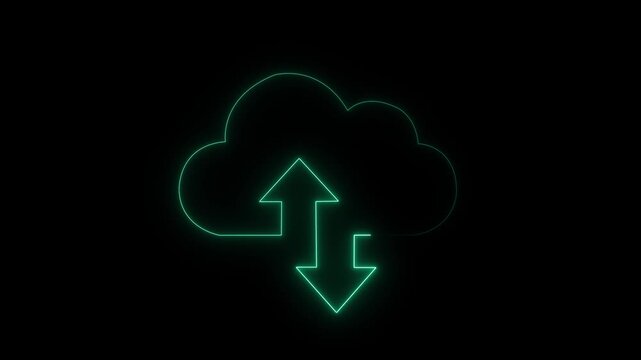 Cyan neon cloud upload download icon data storage