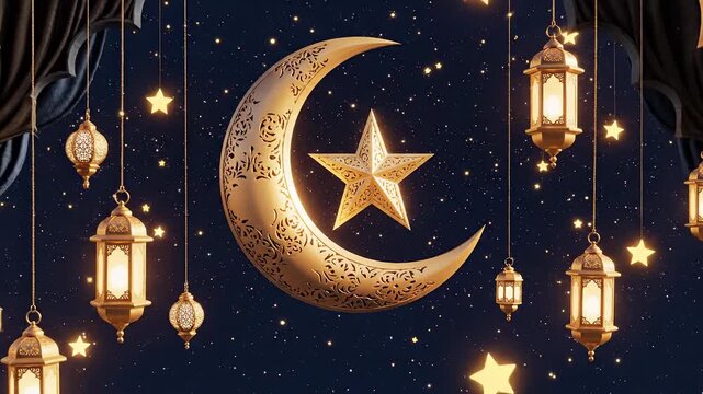 Golden Crescent Moon and Star Lanterns Illuminate Starry Night Sky for Ramadan and Islamic