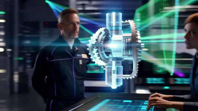 High-tech industrial research facility, specialists conducting virtual motor simulation analysis, holographic schematics 3D graphs floating mid-air, digital data streams, interactive touchscreen