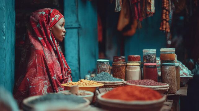 Woman in red hijab at a vibrant spice market stall with colorful spices in jars and bowls