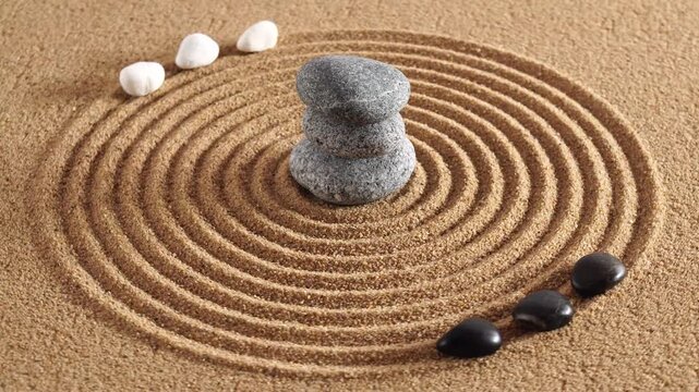 Japanischer ZEN Garten der Meditation und Entspannung f&uuml;r K&ouml;rper, Geist und Seele mit Sand und Yin Yang Steinen in Rotation