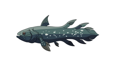 Artistic depiction of a coelacanth, an ancient fish with lobed fins, showcasing its unique prehistoric appearance and distinct markings.