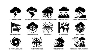 Obraz premium Weather icons: thunderstorm, tornado, cyclone, blizzard, marine warning