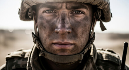 Fototapeta premium Intense soldier face with dirt and determination