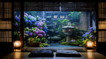 雨上がりの美しい紫陽花が咲き誇る日本庭園を静かな和室の畳の上から眺める風情ある景色