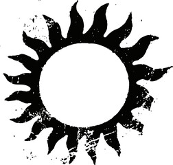 Naklejka premium grunge black sun symbol with curved rays, vintage distressed design element background