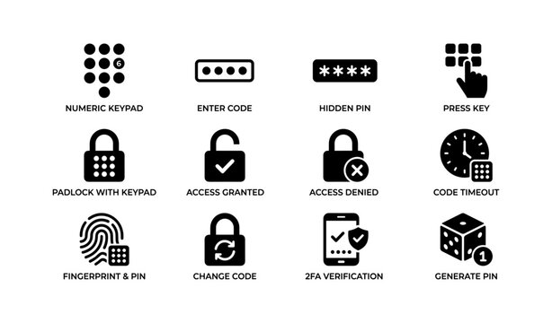 Security icons collection: keypads, pins, locks, and verification symbols