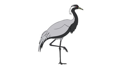 Fototapeta premium A charming cartoon illustration of a demoiselle crane standing gracefully on one leg with a white background