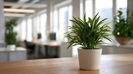 Fototapeta premium A vibrant green potted plant rests on a wooden desk in a modern softly blurred office environment suggesting calm and nature indoors
