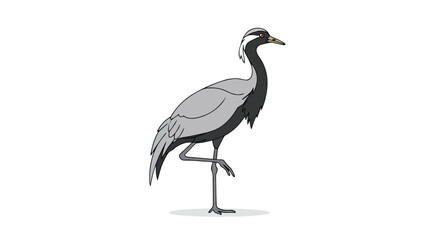 Fototapeta premium Whimsical cartoon illustration of a grey crowned crane standing elegantly on one leg against a pristine white backdrop, capturing its unique avian