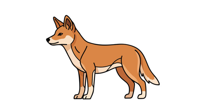 Stylized depiction of a dingo with alert posture and curious gaze, showcasing its distinct tawny coat and erect ears on a clean white background.