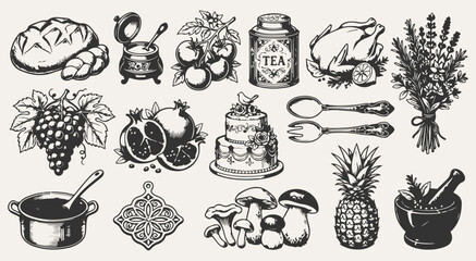 Hand Drawn Black and White Kitchen Elements, Retro Kitchen Art Collection, Vintage Cookbook Design, Antique Culinary Clipart