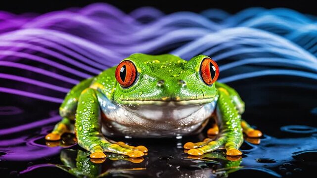 Vibrant Green Frog with Red Eyes Sitting on Water.