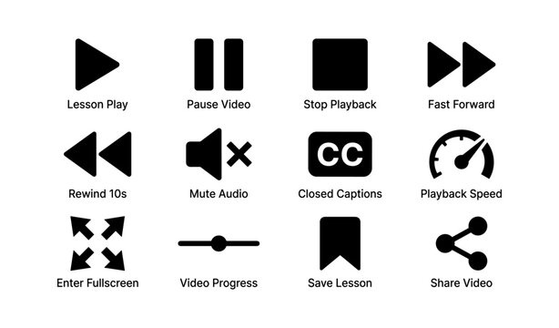 Video control icons set: play, pause, rewind, mute, fullscreen, share, save, speed, captions