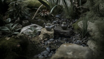 Small Teapots on Stones in a Garden With Green Plants and Gravel Pathways