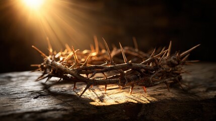 Fototapeta premium Spiky circlet fashioned from thorny branches rests upon weathered wood under dramatic sunlight.