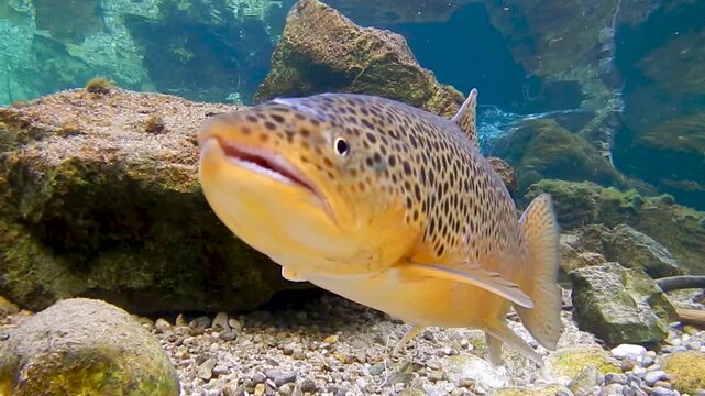 Eine m&auml;nnliche Bachforelle, ein sogenannter Milchner,  schwimmt im glasklaren Wasser der Isar am Laichplatz und wartet auf weibliche Forellen zur Eiablage