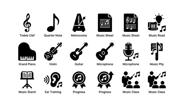 Music icon set featuring instruments and musical symbols
