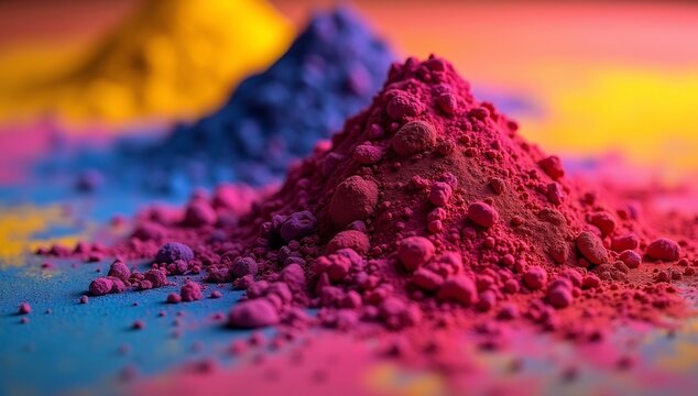Vibrant Holi Powder Piles in Close-Up Macro Shot.
