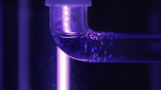 Close-up of a vibrant purple U-bend pipe filled with bubbling water, illuminated by ultraviolet light, showcasing fluid dynamics for scientific