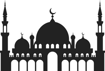 Islamic grand mosque silhouette with domes and tall minarets crescent symbol, black Ramadan flat vector illustration © Creative Soul