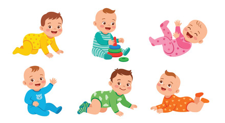 Six cartoon babies in various playful positions and colorful clothing