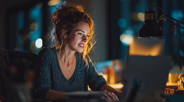 Young woman working on a social media campaign at a desk with multiple devices under warm lamp light, focused expression and blurred screens, illustrating modern digital marketing, content creation
