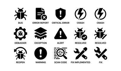 Bug and error icons collection: debugger, alert, fix, crash, warning