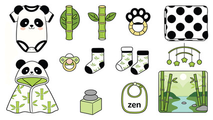 Cute baby panda stickers with clothes toys and accessories collection on a white background in eps format © Ube