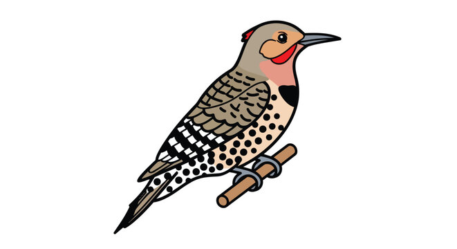 A whimsical, hand-drawn illustration of a northern flicker woodpecker perched on a simple wooden branch against a clean white backdrop
