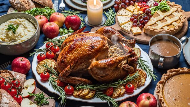 Roasted turkey feast on table