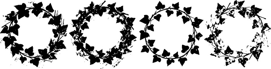 Obraz premium Set of four circular ivy wreaths decorative vine frames with leaves and artistic silhouettes