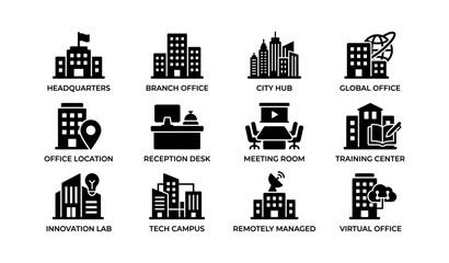 Naklejka premium Icon set of office types including headquarters, branch, city hub, global, and virtual offices