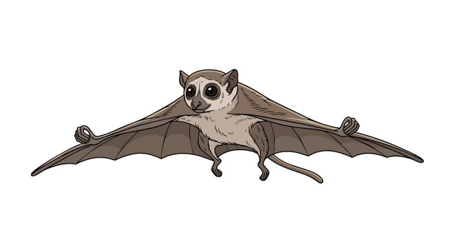 Cartoon illustration of a gray flying lemur with large dark eyes and spread wings in flight against a white background